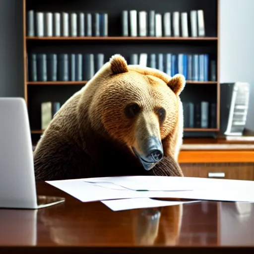 Image similar to tired bear at office, head leaning on paw with elbow on table, piles of paperwork