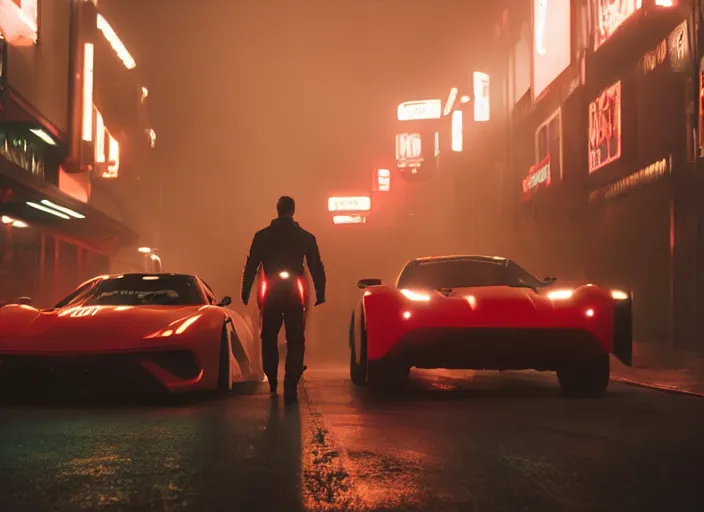 Prompt: Bladerunner 2049 intimidating street racer standing next to his red car wearing black fire suit race suit night time Bladerunner 2049 RTX 45mm wide angle photo RX7 NSX G-TR cinematic movie still aesthetic