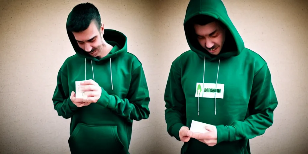 Image similar to postman bring a dark green hoodie, man standing near the house, welcoming the postman receiving package and cry of happiness