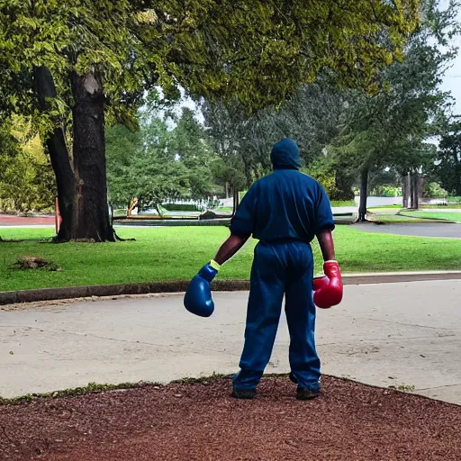 Image similar to janitor at the park, wearing boxing gloves