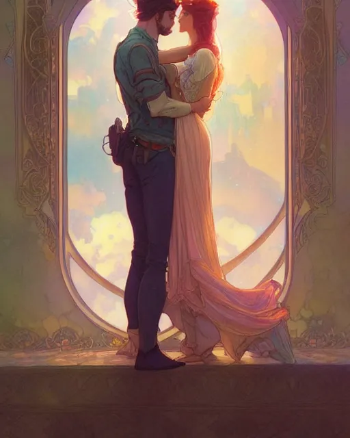 Image similar to secret romance, highly detailed, gold filigree, romantic storybook fantasy, soft cinematic lighting, award, disney concept art watercolor illustration by mandy jurgens and alphonse mucha and alena aenami, pastel color palette, featured on artstation