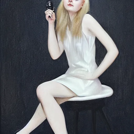 Image similar to Elle Fanning sitting on a white leather chair in the world of Brenda Zlamany, head and shoulders portrait, stormy weather, extremely detailed masterpiece, oil on canvas, low-key neon lighting, artstation, Blade Runner 2049, Roger Deakin’s cinematography, by J. C. Leyendecker and Peter Paul Rubens and Edward Hopper and Michael Sowa,