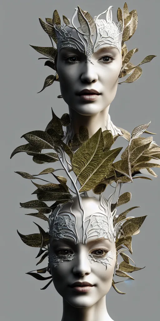 Image similar to complex 3d render ultra detailed of a beautiful porcelain profile woman face, mechanical vegetal cyborg, robotic parts, 150 mm, beautiful studio soft light, 3 point lighting, spot light, rim light, silver gold red details, luxurious, high tech gadget, cyberpunk, magnolia big filigran leaves and stems, roots, Alexander Mcqueen haute couture, fine foliage lace, lumiol, mesh wire, filigran metallic intricate details, hyperrealistic, mandelbrot fractal, anatomical, silver metal armor, facial muscles, cable electric wires, microchip, elegant, beautiful background, beautiful white teeth, octane render, H.R. Giger style, 8k