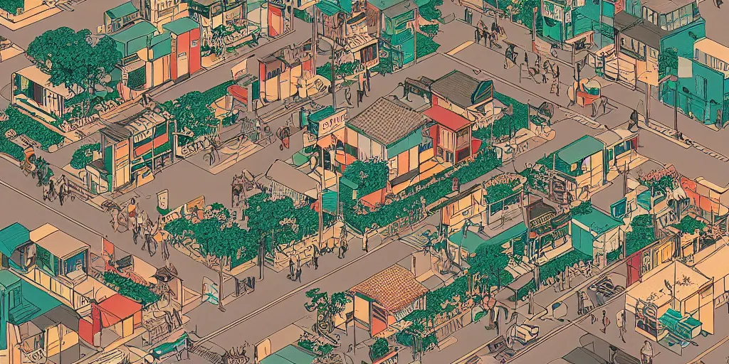 Prompt: isometric view illustration of a rural japanese street corner, by Victo Ngai