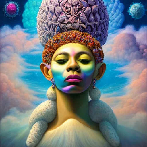 Image similar to obatala the cosmic god sitting in a cabana made of nebula clouds, by Adi granov and afarin sajedi and amanda sage and evgeni gordiets and Agostino Arrivabene in a psychedelic portrait style, ultrarealistic matte painting, volumetric lighting, fractal, extremely symmetrical, highly detailed face, orisha, 8k, hd