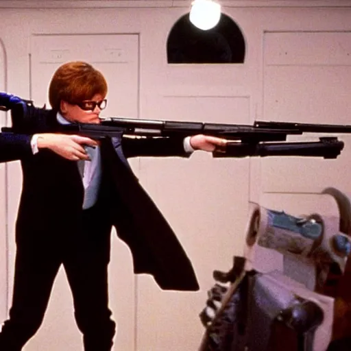 Image similar to austin powers shooting an ak - 4 7, photography, mike meyers, movie,