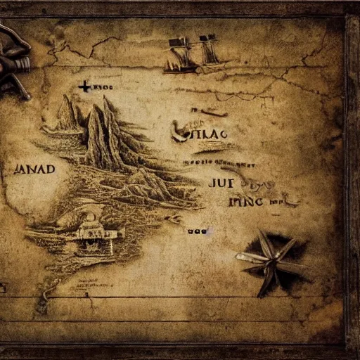 Image similar to old torn treasure map showing the exact spot of the treasure of kong island, pirates treasure map, high detail, high res, hyperrealistic,