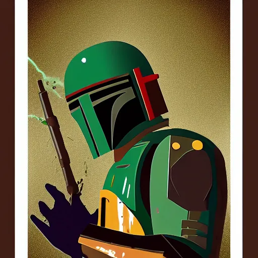 Image similar to textured art deco painting of boba fett, side profile, full body, flying from bottom left to top right, muted greens and browns, geometric, gold and deep purple background with lightning bolt