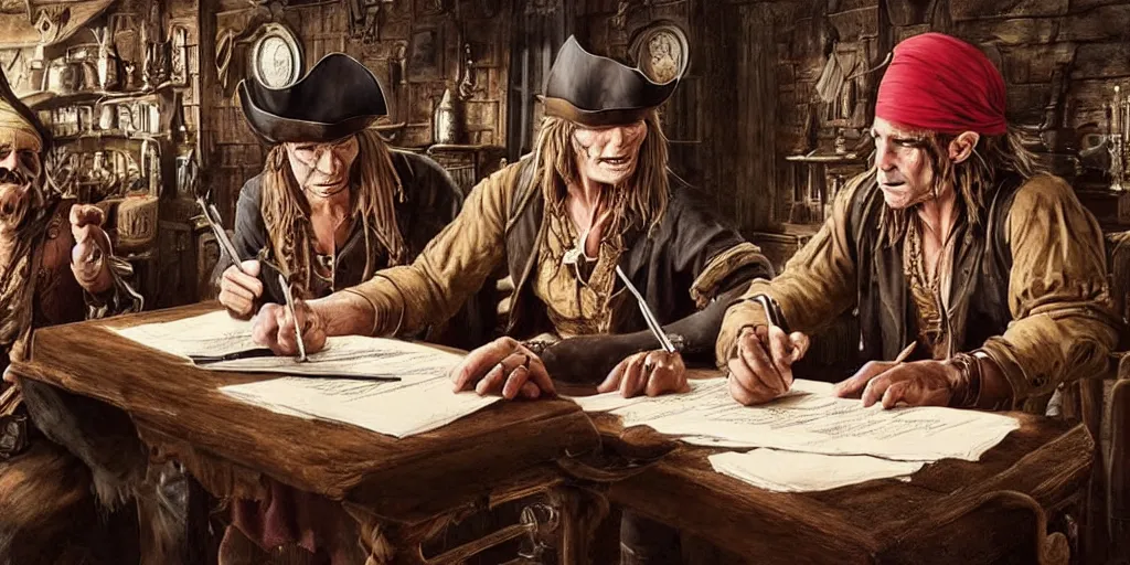 Prompt: ( pirate with a bandanna ), goblin!!! with a big nose, and a vampire!!! signing a contract in a saloon, hyperrealism, 8 k, intricate