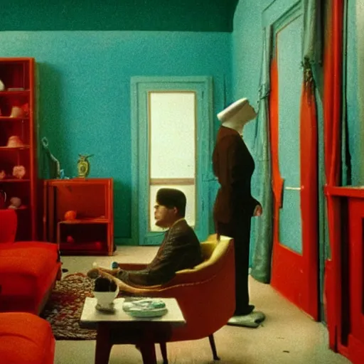 Image similar to film still from surreal arthouse film, avant garde, wes anderson color palette, unusual lighting choices, award winning set design