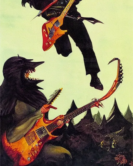 Image similar to Hans Moleman shredding on a Gibson Flying V, guitar solo, heavy metal artwork by Frank Frazetta