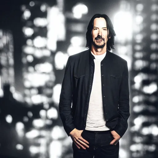 Image similar to a still of Keanu Reeves. Shallow depth of field. City at night in background, lights, colours ,studio lighting, mood, 4K. Profession photography