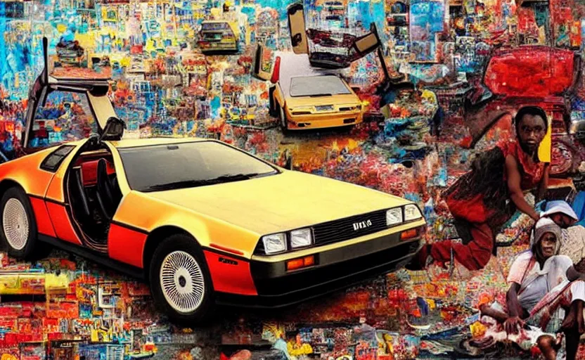 Prompt: a red and yellow delorean in ajegunle slums of lagos - nigeria, painting by hsiao - ron cheng & salvador dali, magazine collage, masterpiece.