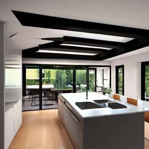 Image similar to modern kitchen with led strip lighting roof lantern, homes and gardens, super detailed render, award winning,