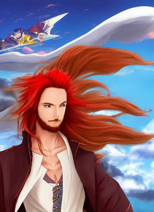 Image similar to An fantasy pokemon anime style portrait of a long haired, red headed male sky-pirate in front of an airship