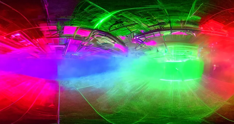 Image similar to A panoramic 360 landscape photo of a dance club with neon laser lights beamed through fog. PROMPT, XF IQ4, 150MP, 50mm, f/1.4, ISO 200, 1/160s, natural light, Adobe Photoshop, Adobe Lightroom, DxO Photolab, Corel PaintShop Pro, rule of thirds, symmetrical balance, depth layering, polarizing filter, Sense of Depth, AI enhanced