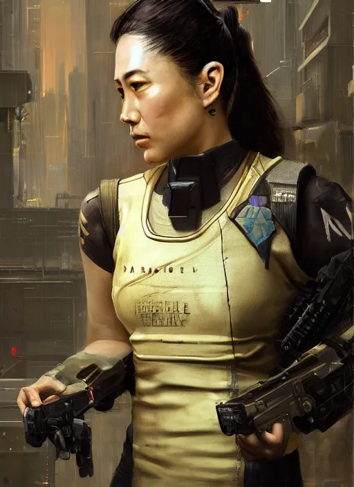 Image similar to Nikki tanaka. beautiful cyberpunk female USN marine wearing a military vest and activewear. (Cyberpunk 2077, bladerunner 2049). gorgeous face. Iranian orientalist portrait by john william waterhouse and Edwin Longsden Long and Theodore Ralli and Nasreddine Dinet, oil on canvas. Cinematic, hyper realism, realistic proportions, dramatic lighting, high detail 4k