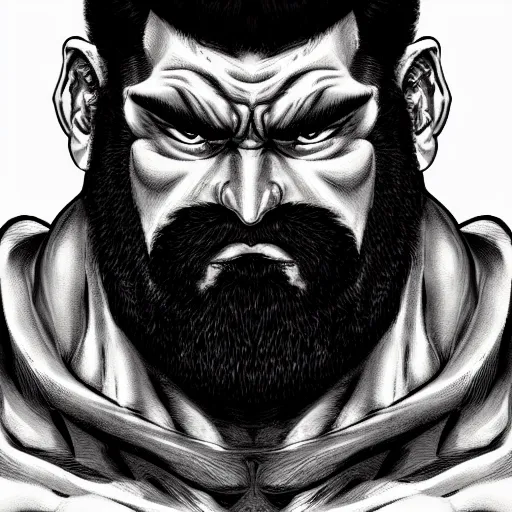 Prompt: face portrait a big beefy man with a large purple face, thick dark hair, a bushy black moustache, with hardly any neck and mean little eyes, highly detailed, digital art, sharp focus, trending on art station, kentaro miura manga art style