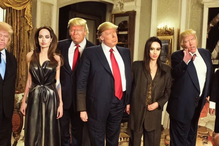 Image similar to Angelina Jolie, Boris Johnson, Mr T, Donald Trump, Wesley Snipes, best friends, on set of Friends TV show, still photo, hyperrealistic, 35mm, 8k, by weta digital