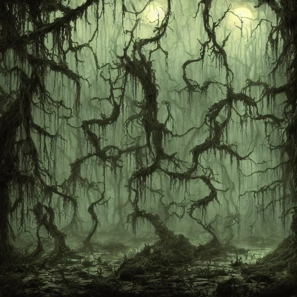 Image similar to a dark lush haunted swamp forest at night, upward cinematic angle, swamp horror, by Michael Kaluta, P. Craig Russell and Andreas Rocha, eerie moonlight, beautiful composition, intricate, elegant, digital art, detailed, mixed media painting, hyperrealistic, sharp focus, 8k