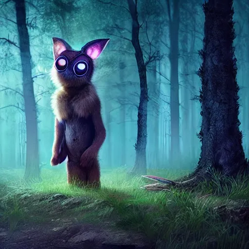 Prompt: a cute furry creature with long ears standing in a forest, big glowing eyes, fantasy, michael kutsche, concept render, cinematic lighting