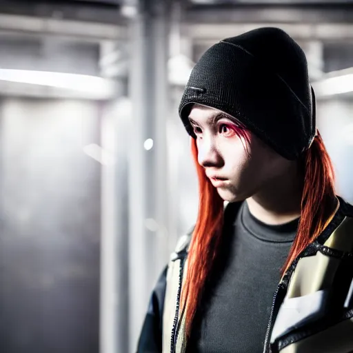 Image similar to photograph of a techwear mixed young woman inside a hidden club, closeup, brutalist design, cyberpunk, sigma 85mm f/1.4, 4k, depth of field, high resolution, 4k, 8k, hd, full color