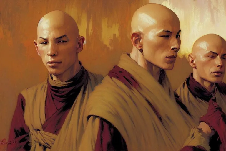 Image similar to bald monks from the last airbender, painting by gaston bussiere, craig mullins, j. c. leyendecker