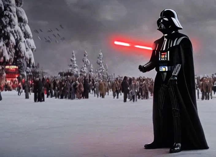 Image similar to film still of Darth Vader goes to the mall at Christmas time in the new Star Wars movie, 4k