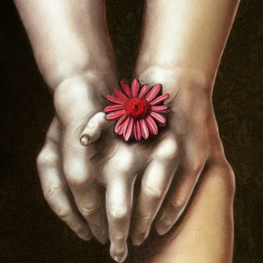 Prompt: photorealistic maximalist beautiful cyborg hands holding a flower. in the style of Michelangelo and flemish baroque. HD 8x matte background