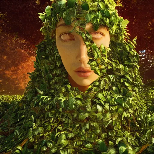 Image similar to mother nature made of vines and leaves and a crown made of flowers towering over a tropical island, Dramatic Lighting, Trending on Artstation HQ, 4K, UHD.