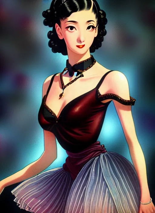 Image similar to a beautiful dancer with black hair in 1940's fashion, ballroom background, intricate, highly detailed, digital painting, artstation, official media, anime key visual, concept art, rich vivid colors, ambient lighting, sharp focus, illustration, art by Artgerm, Makoto Shinkai, Ilya Kuvshinov, Lois Van Baarle, and Rossdraws