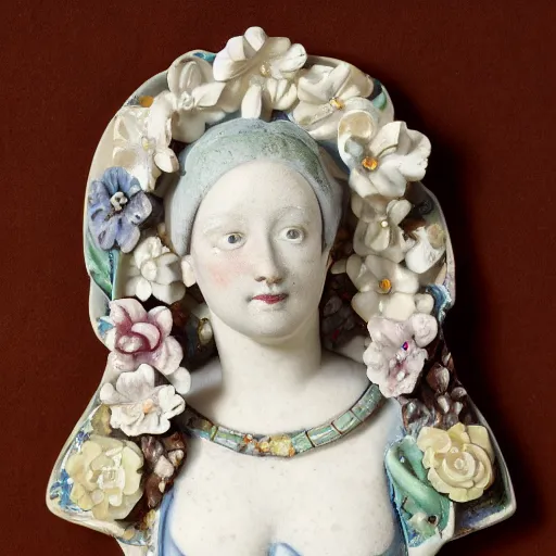 Prompt: a portrait of a beautiful woman sanitatem flores h 3 1 w 1 8 d 2 5 cm glazed stoneware, fragments 1 9 th century flower encrusted porcelain, like billie bond