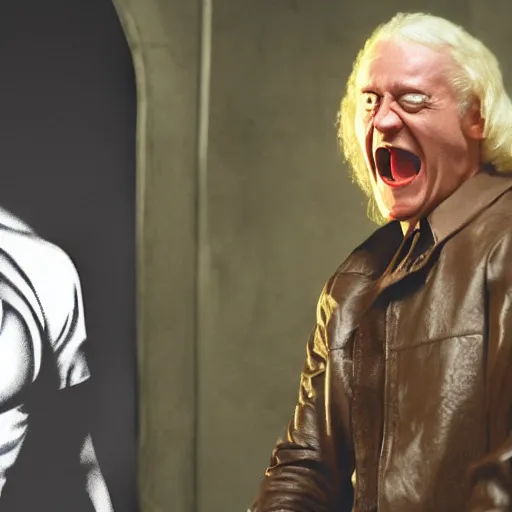 Image similar to Jimmy Saville as Punisher, cinematic, movie still, photorealistic, laughing, 8k,