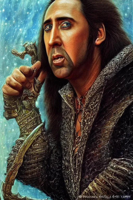 Prompt: portrait of Nicolas Cage as wizard, fantasy, intricate, highly detailed, artstation, illustration by ken kelly