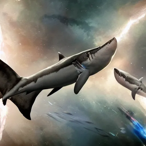 Image similar to Still from the movie Sharknado, in space with angry sharks floating on the left in front of the interstellar space filled with stars, ready to attack the planet earth on the right. Elegant, intricate, digital painting, artstation, concept art, smooth, sharp focus, illustration, art by artgerm and greg rutkowski and alphonse mucha.