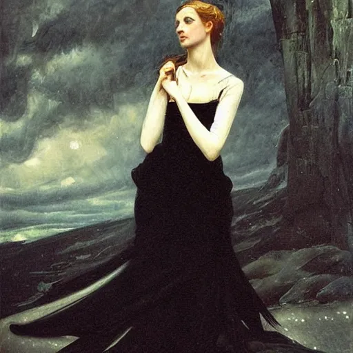 Image similar to A beautiful victorian woman, gothic dress, flowing hair, oil painting, portrait, dramatic lighting, masterpiece, painted by Caspar David Friedrich