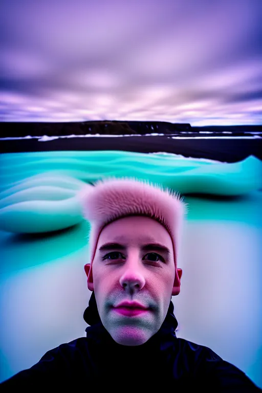 Image similar to high quality pastel coloured film wide angle selfie photograph of a plain looking cute looking male with cyber enhancement standing in an icelandic black rock environment. sarcastic expression. three point light. photographic. art directed. pastel colours. volumetric light. stark. waves. 8 k. filmic.