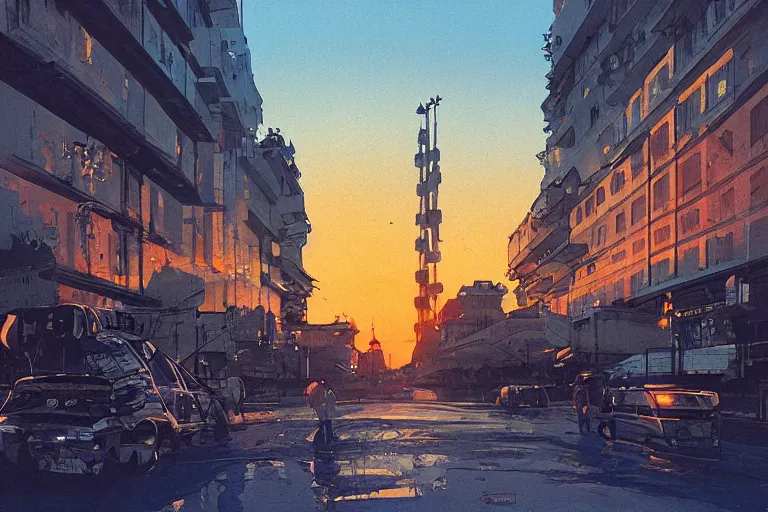 Prompt: bucharest streets sunset by chris foss, artwork, artstation, concept art