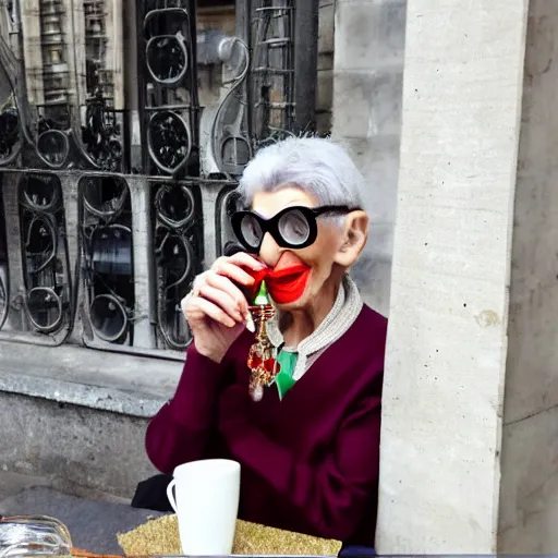 Prompt: a french snail drinking red wine in paris by iris apfel