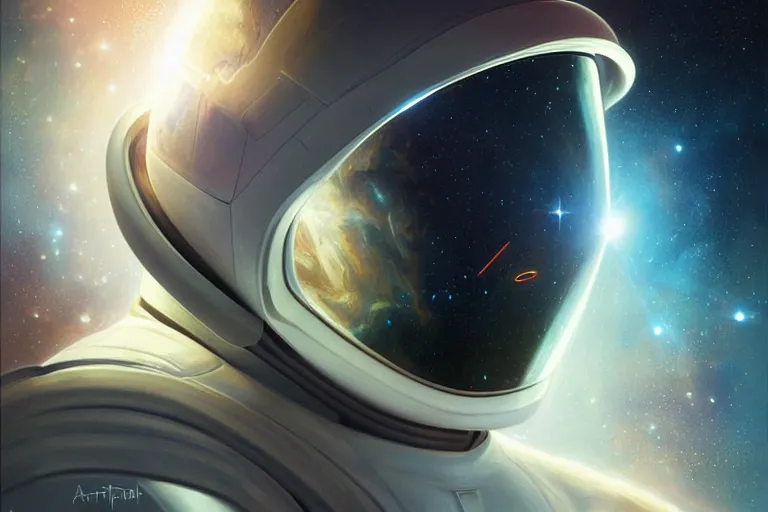 Image similar to Portrait of a Futuristic astronaut reflective visor mirror spacesuit reflecting a nebula supernova in space, portrait, elegant, intricate, digital painting, artstation, concept art, smooth, sharp focus, illustration, art by artgerm and greg rutkowski and alphonse mucha