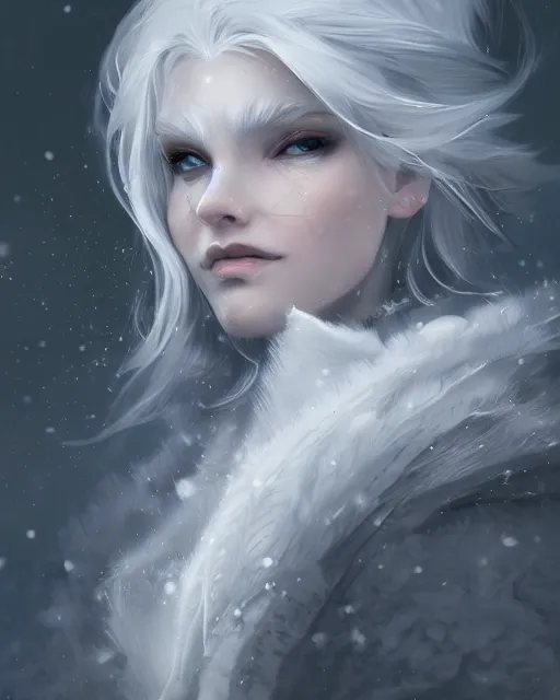 Image similar to a beautiful snow sorceress, flowy white grey hair, grey eyes, winter, frozen, snow, cinematic lighting, highly detailed, digital painting, trending on artstation, pixiv, concept art, sharp focus, illustration, art by ross tran and wlop, dark art