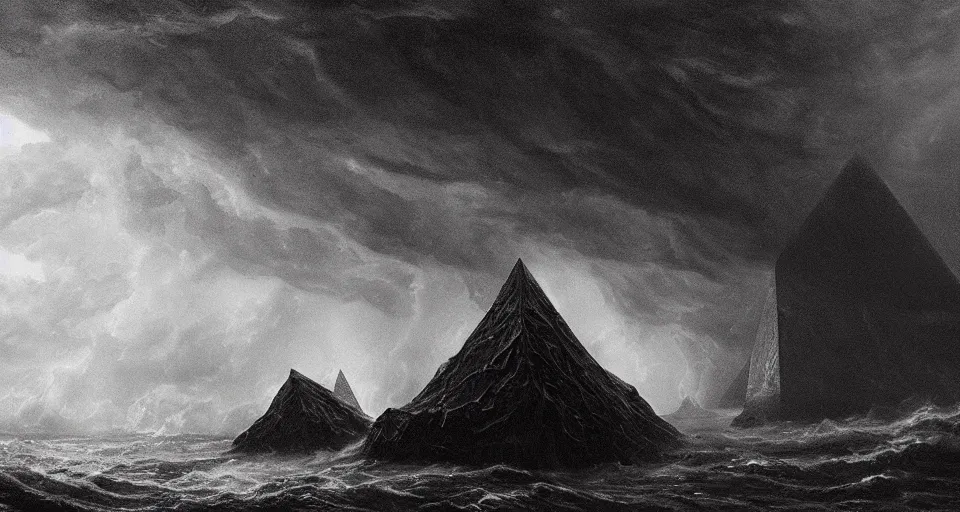 Image similar to black lovecraftian eldritch!! obsidian pyramid!! on a snowy island surrounded by raging stormy seas, with a large shadow of a creature in the background by eugene von guerard, ivan shishkin, night, red lightning!!, storm!, dramatic lighting, concept art, trending on artstation, 8 k