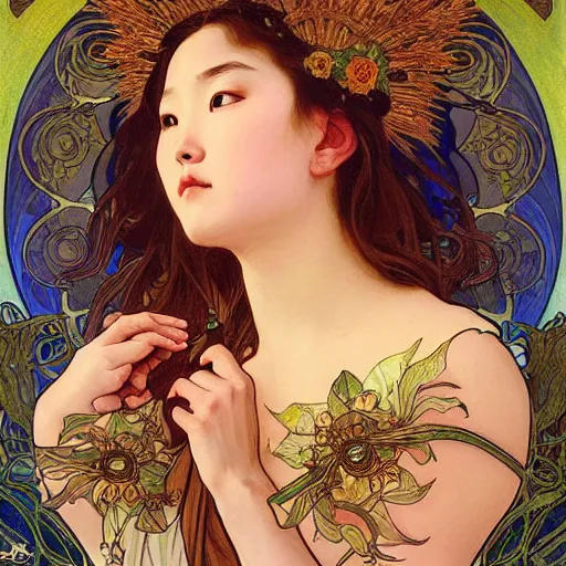 Image similar to detailed portrait art nouveau painting of Ashley Liao as the goddess of the sun, with anxious, piercing eyes, by Alphonse Mucha, Michael Whelan, William Adolphe Bouguereau, John Williams Waterhouse, and Donato Giancola