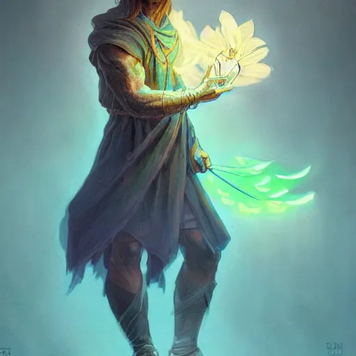 Image similar to bioluminescence portrait of a male wizard of the flowers, muscle, D&D, fantasy, elegant, pale, highly dvetailed, digital painting, artstation, concept art, smooth, sharp focus, illustration, art by artgerm and greg rutkowski and alphonse mucha