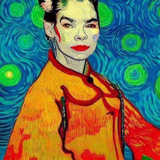 Image similar to very beautiful and very detailed and very colorful portrait of bjork, painted by van gogh