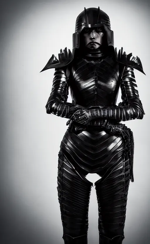 Image similar to symmetrical portrait photograph of a beautiful young woman wearing black armor, angry eyes, no helmet, cinematic, 200mm prime lens