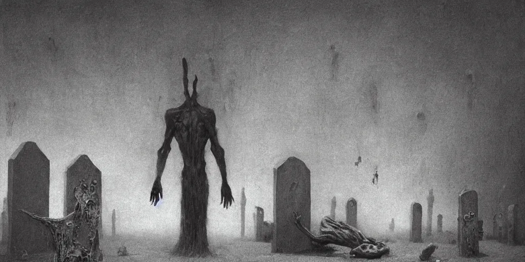 Prompt: demonic alien with long fingers at the foot of the bed in a dark room surrounded by tombstones and floating cows, Beksinski