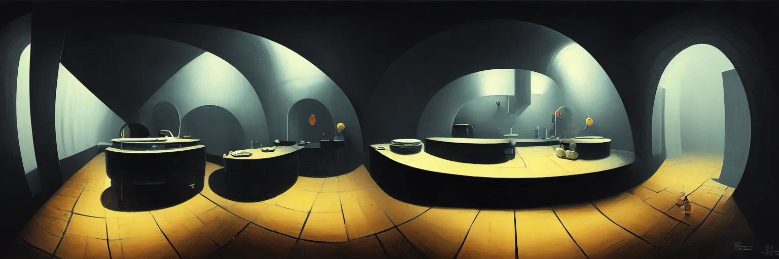 Prompt: olumetric shadows, volumetric lighting, black goya painting of underground, basement, fisheye, curved perspective, naive, extra narrow, wooden kitchen, pot with steam on the burner, spoons, large floor, by rhads and gaudi