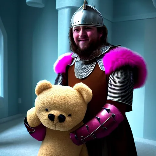 Prompt: a medieval fantasy knight holding a teddy bear inside a pink bedroom, matte oil painting, d & d, sharp focus, award - winning, extremely detailed, 4 k, 8 k