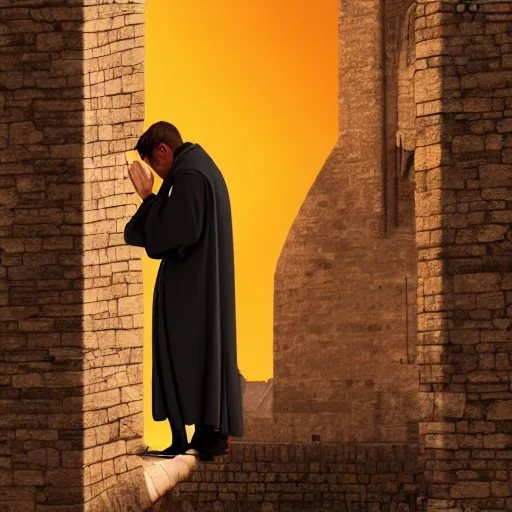 Prompt: Digital portrait of a catholic priest in his twenties fervently praying at the top of a medieval tower. He is looking terrified as a yellow shadow descends upon him from the night sky. Dramatic lighting. Award-winning digital art, trending on ArtStation